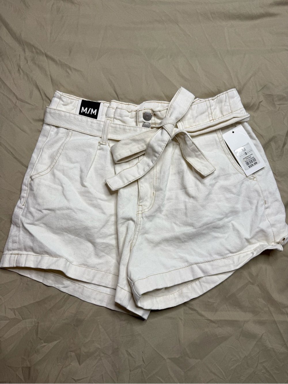 refuge Cream High-Rise Paperbag Tie-Waist Women's Shorts Medium